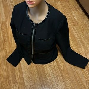 Michael Kors Size 6 Black long sleeved zip up jacket with leather trim